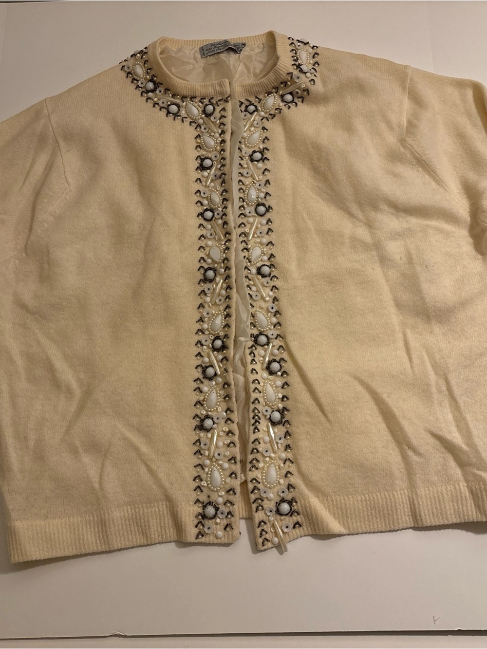 Vintage 1950s Cardigan Embellished Wool Cream women’s